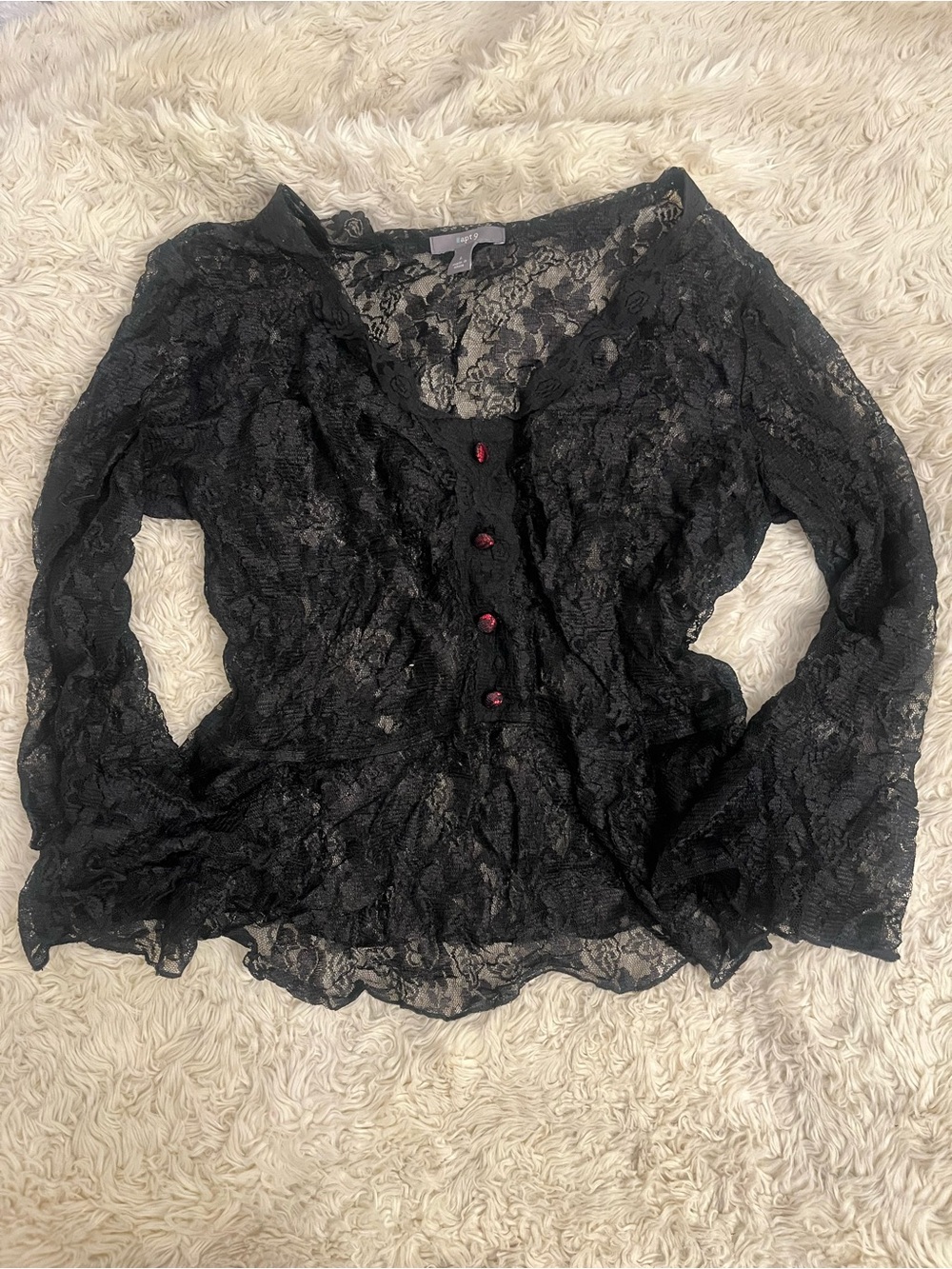 Apt. 9 Black Sheer Lace Button-Front Blouse with Red Accent Buttons